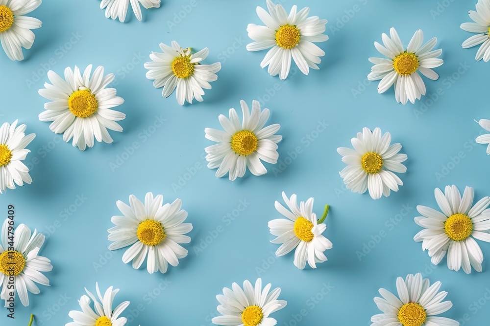Poster chamomile flowers arranged on a flat blue surface for a spring and summer atmosphere viewed from abo