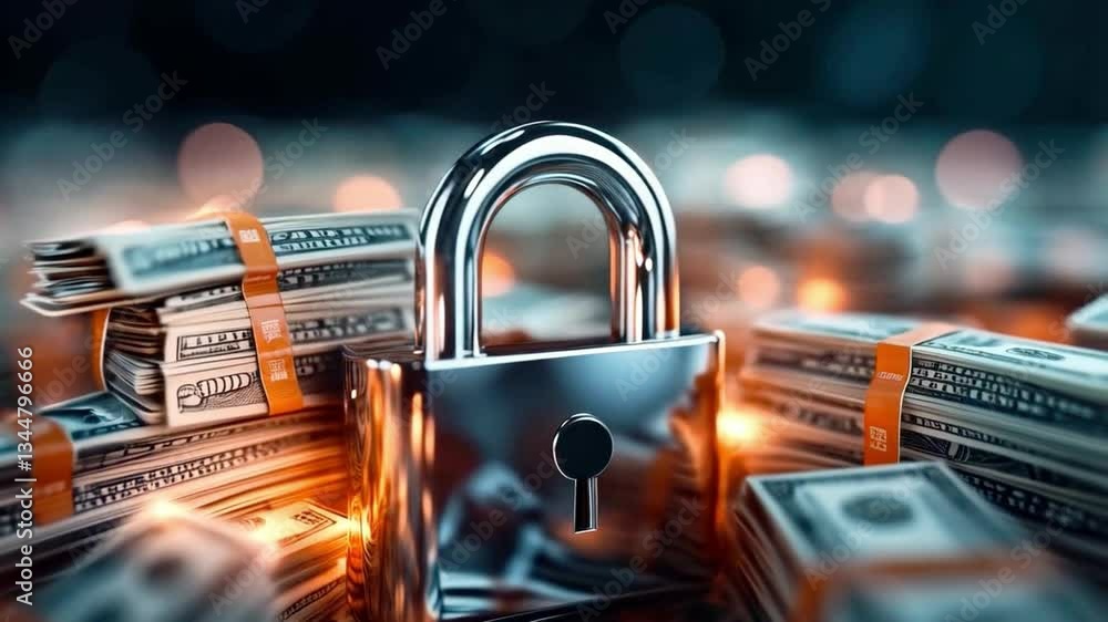 Poster a shiny padlock is prominently placed among large bundles of cash, symbolizing the importance of sec