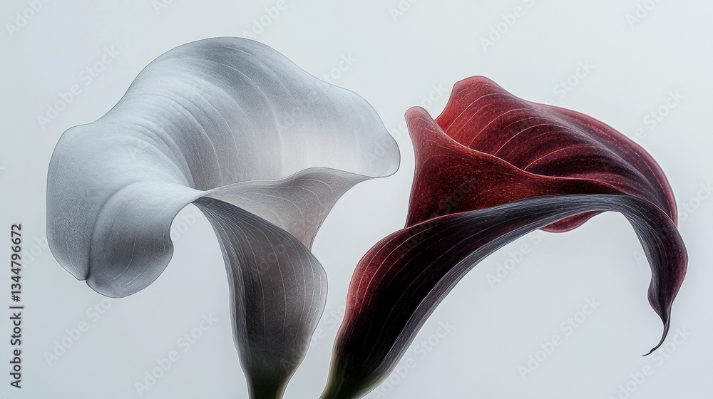 Aufkleber Two stunning calla lilies, one white and one a deep red, elegantly curl towards each other, showcasing their unique shapes and textures against a soft background, creating a harmonious visual delight
