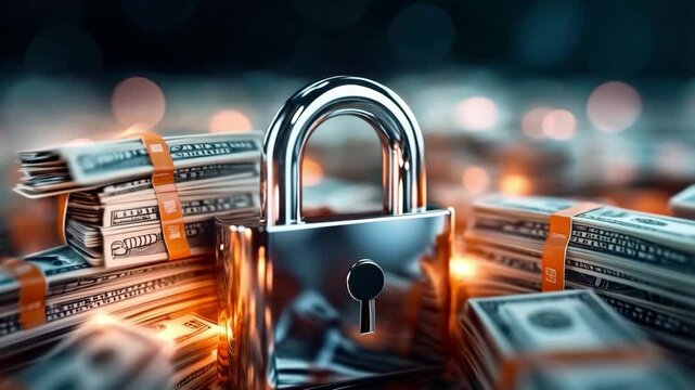 A shiny padlock is prominently placed among large bundles of cash, symbolizing the importance of security in the banking sector. This setup emphasizes privacy and financial protection.