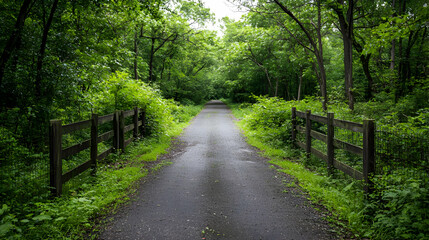 Obraz premium Dark pathway leads through dense green forest with wooden fences and overhead canopy in daylight