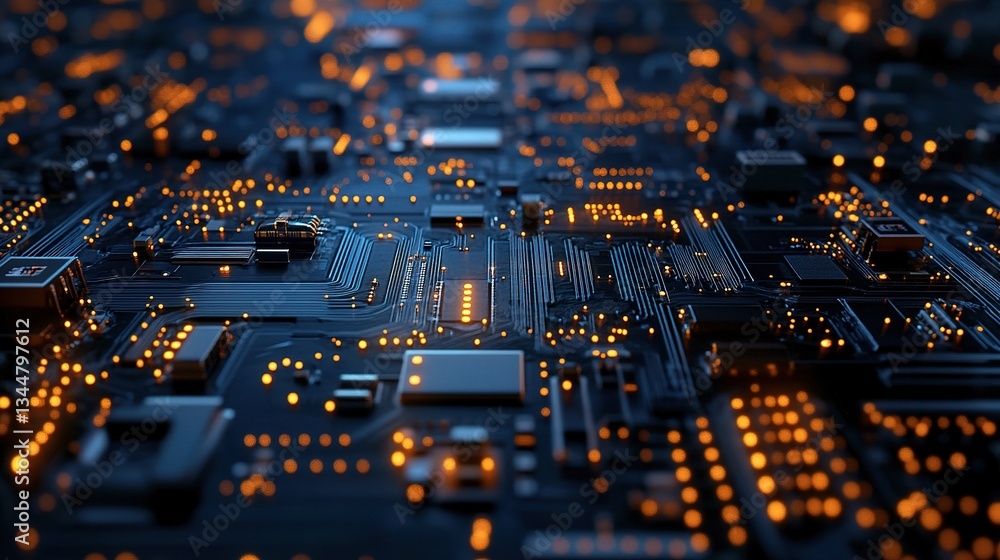 Poster intricate abstract close-up of circuit board with details and lights