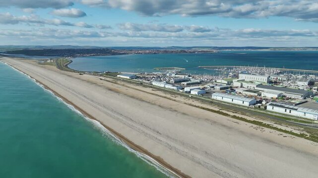Chesil Beach from a drone, West Bay to Portland, Jurassic Coast, Dorset, England