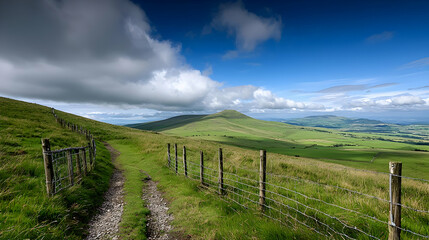 Scenic Green Rolling Hills And Meadow With Dirt Path And Wooden Fence Under Blue Sky And White Clouds