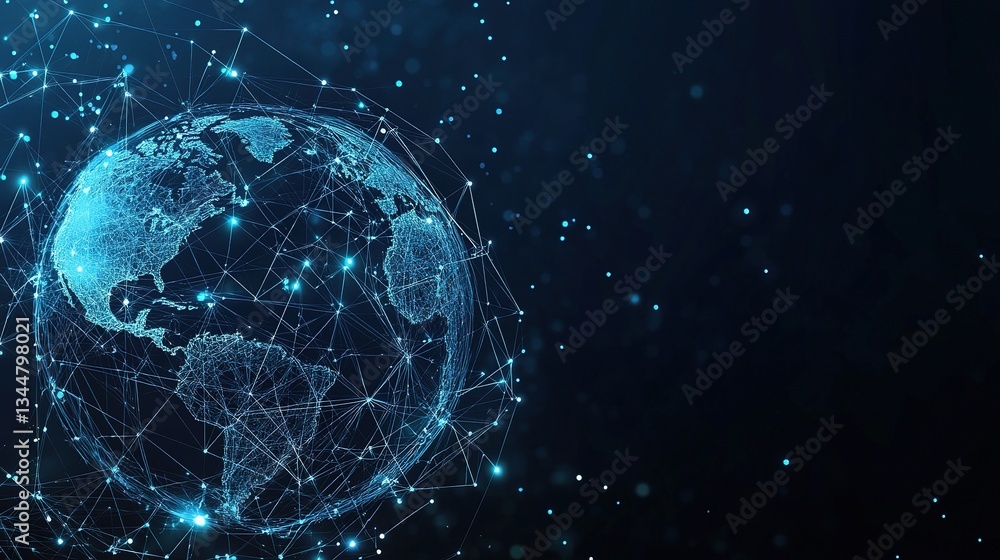 Poster digital network representation with wireframe globe and technology background