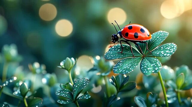 Close-up of a vibrant ladybug on a dewy clover leaf with bokeh