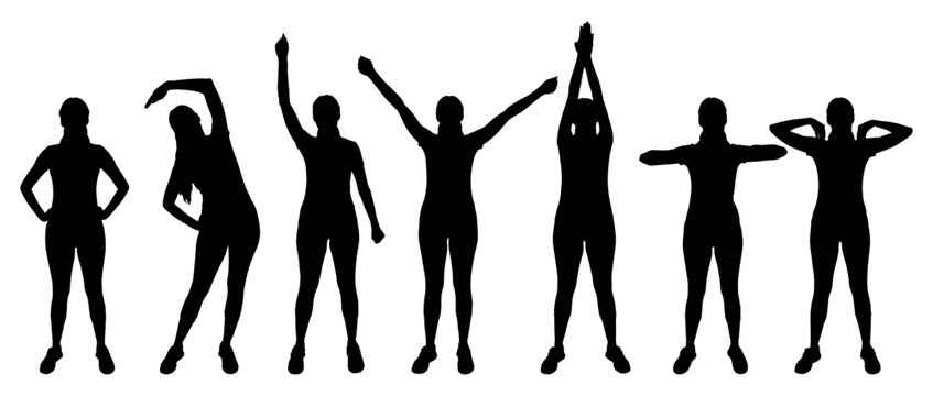 Silhouette of a woman performing different stretching and warm-up exercises, set. Vector illustration