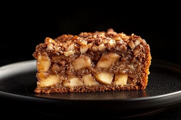 Delicious Apple Pecan Crumble Cake Slice on Black Plate Autumn Dessert