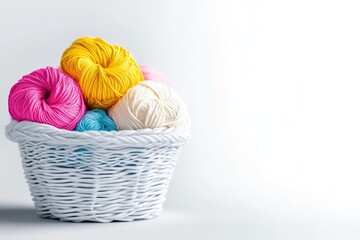Colorful yarn balls in a white wicker basket