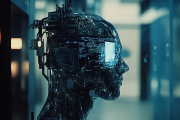 Fototapeta premium A translucent robotic head, its internal circuitry glowing with data, evokes a feeling of futuristic technological advancement with cool blue tones and a blurred background.