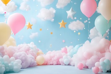 Festive background for a newborn party, with eco-friendly toys, balls