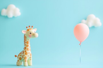 Festive background for a baby birthday party with clouds and toy giraffe
