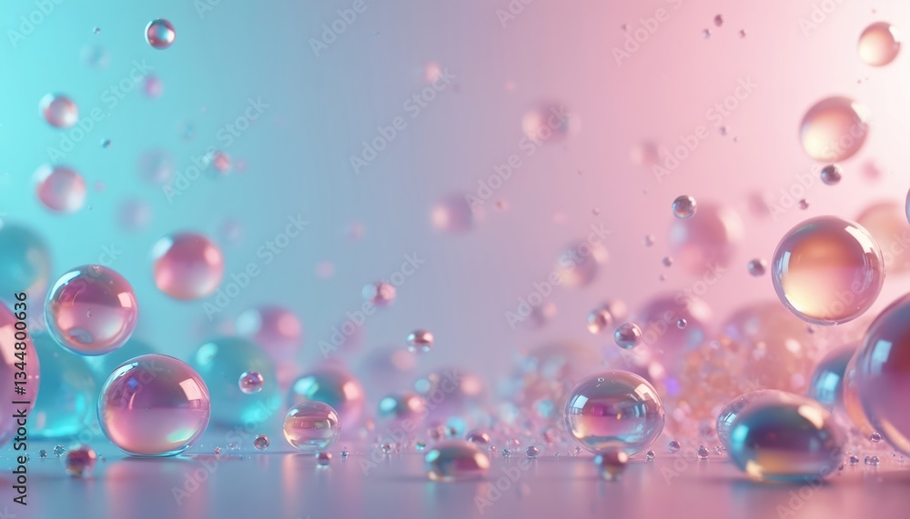 Poster 3d rendering of scene with many colorful iridescent bubbles in pink and blue gradient background. se