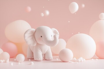 Festive background for a baby birthday party with clouds and toy elephant