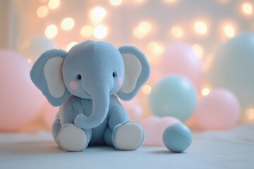 Festive background for a baby birthday party with clouds and toy elephant