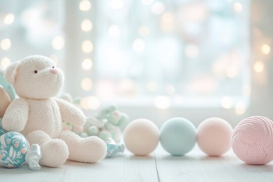 Festive background for a baby birthday party with toy bear and colorful balls