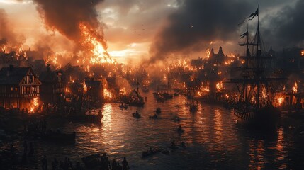 Naklejka premium Fiery Destruction, A Town Engulfed in Flames with Ships Present