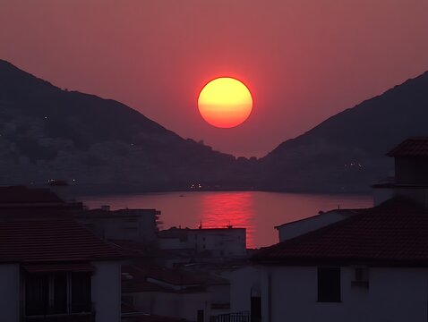 Coastal Sunset over Mediterranean Town.