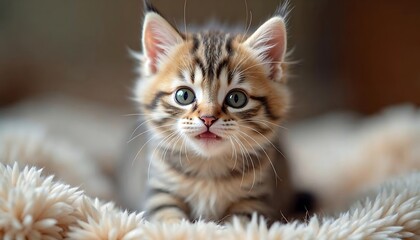 Fototapeta premium Adorable Kitten on Fluffy Blanket Cute Pet Photo