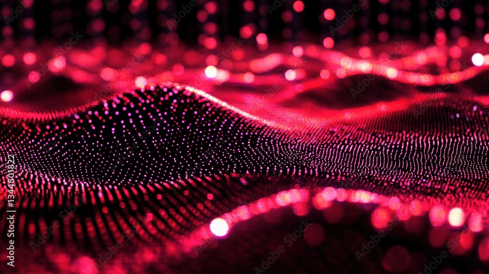 Poster abstract waves of tiny glowing dots in crimson tone rendering