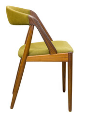 A stylish mid-century modern chair is positioned at an angle, featuring olive green upholstery and elegant wooden legs. The design emphasizes simplicity and functionality, perfect for any decor.