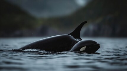 Fototapeta premium Orca mother and calf in the water