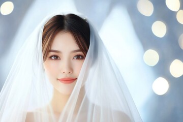 Young asian female bride smiling under veil with soft bokeh background