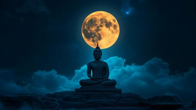 Buddha purnima celebration featuring a tranquil buddha statue illuminated by a full moon night