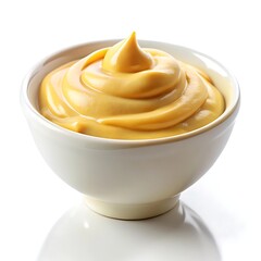 Creamy swirls of rich, golden cheese sauce in a pristine white bowl, a delightful culinary indulgence.