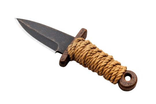 Unique cutout of a knife with a rope-wrapped handle against a transparent background, perfect for design projects, illustrations, or digital art