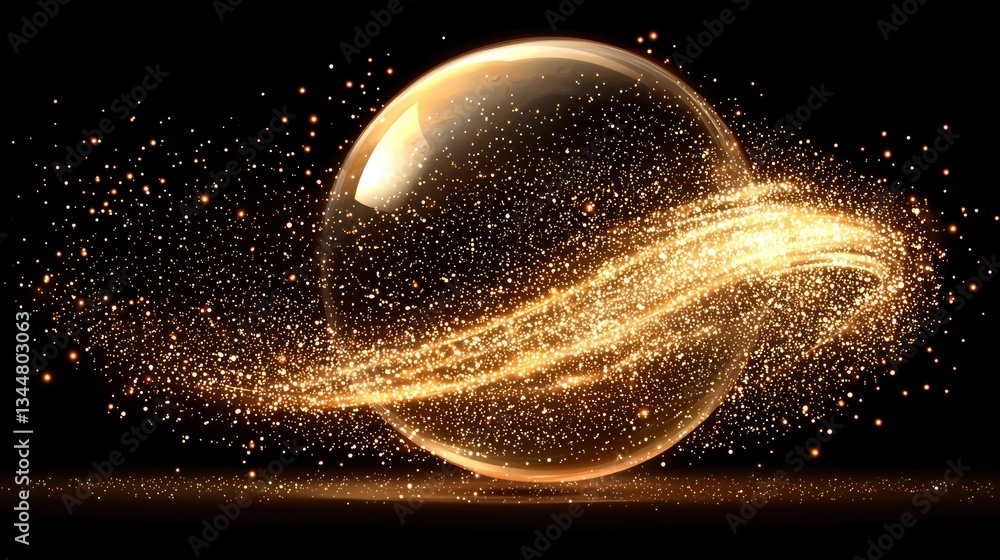 Poster golden orb of stardust: a celestial sphere adorned with sparkling trails of light