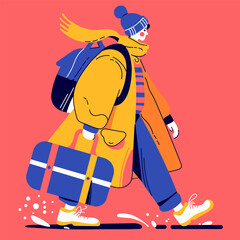 A simple flat illustration of a man traveling, depicted in a brush stroke style. He carries a backpack and exudes a sense of adventure, perfect for themes of exploration and wanderlust.