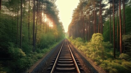 Fototapeta premium A Perspective of train tracks. Forest landscape with railway and trees on summer afternoon, sunset. Futuristic photo. Cinematic lighting.