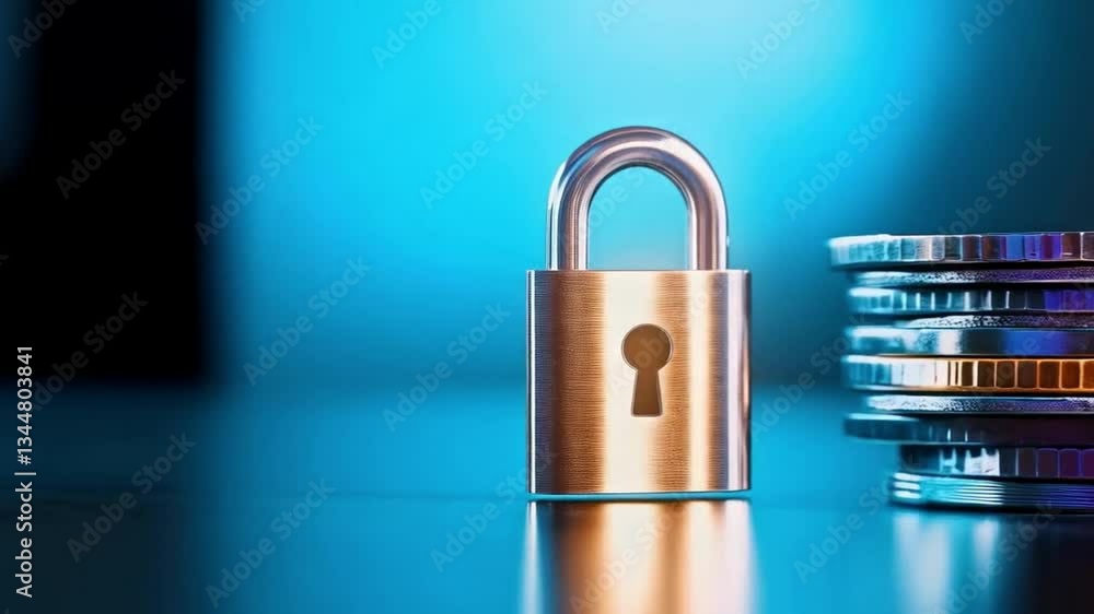 Leinwandbilder a metallic lock stands prominently in front of a stack of coins, symbolizing security in banking.