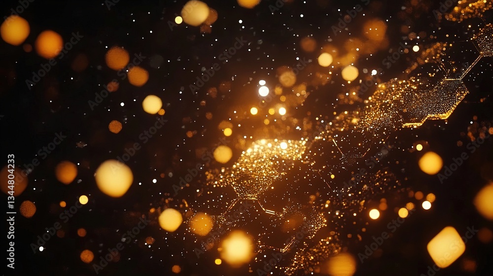 Poster glowing hexagonal pattern with light particles in dark background