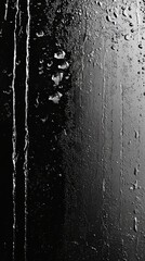 Obraz premium Close-up of a wet and textured black surface with water droplets and streaks, creating a dramatic contrast between light and shadow.