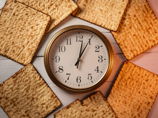 Clock surrounded by matzot on wooden surface