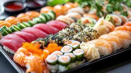 Extensive sushi platter, various kinds of rolls, restaurant display