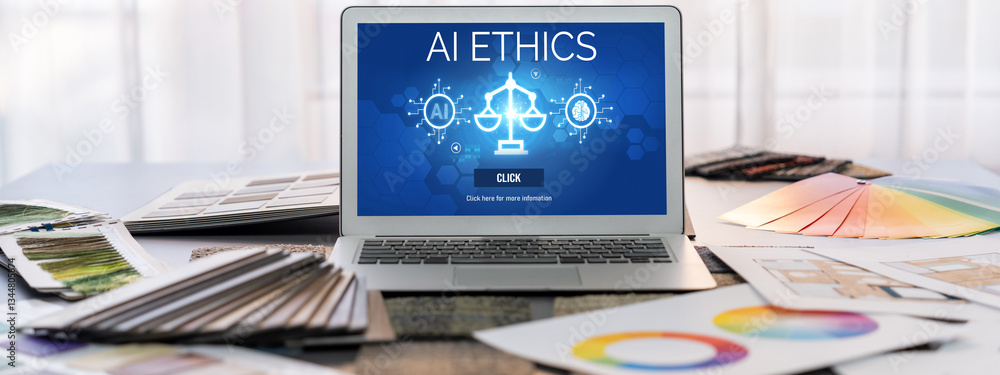 Poster ai ethics responsibility standard law and rules on computer screen provide report of ai ethic transp