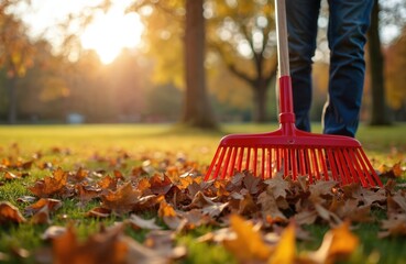 Close up shot of fallen leaves being raked in park at sunset. Red rake collects foliage on green grass. Person raking leaves on lawn with warm sunlight.