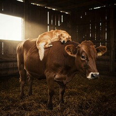 A golden retriever dog peacefully sleeps on the back of a brown cow in a vintage-style barn photograph.
