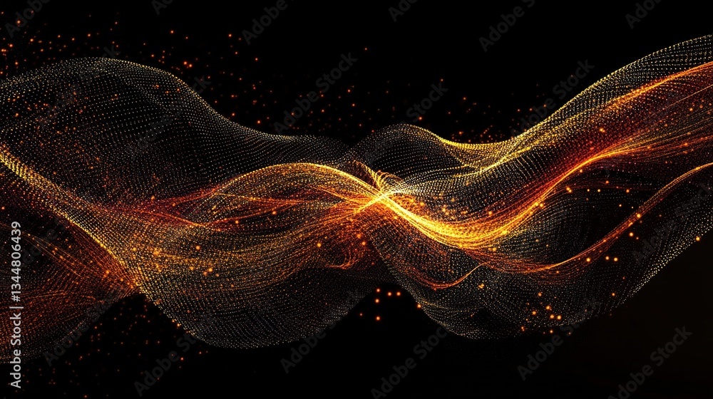 Poster intricate glowing lines and dots forming digital wave patterns