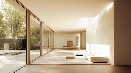 Minimalist modern living room with large glass doors opening to a garden.