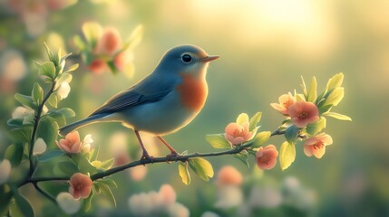 Obraz premium Small bird sitting on a blooming branch during spring sunrise