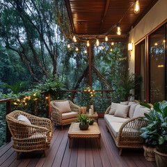 Elegant Veranda with Cozy Wicker Furniture Overlooking Lush Garden and Ambient Lighting for Relaxation