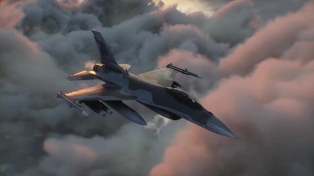Military fighter jet F-16 flying over clouds. Air force.