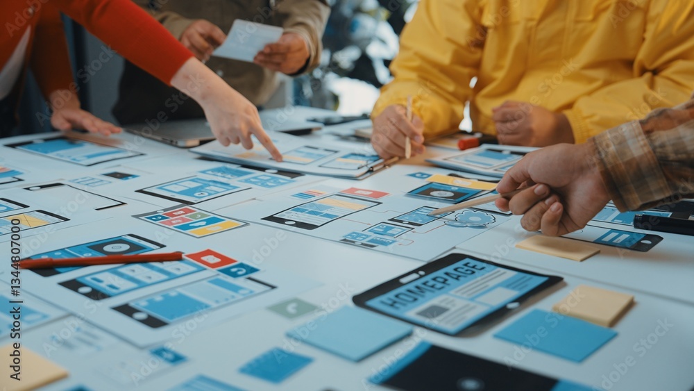 Poster a collaborative workspace shows a diverse team engaged in user interface design. various devices and