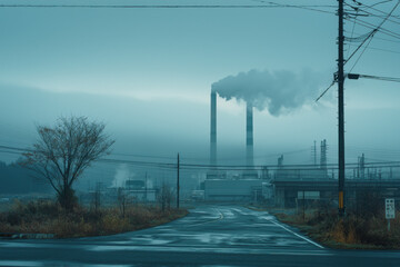Industrial landscape shrouded in fog with towering smokestacks releasing plumes of smoke, depicting a serene yet somber atmosphere in the early hours of the day