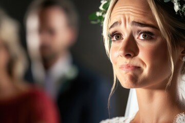Obraz premium Emotional caucasian bride with flower crown at wedding ceremony