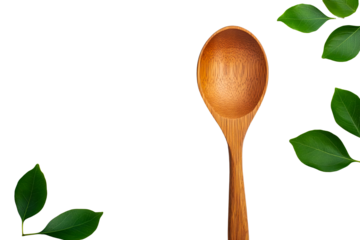Green leaf wooden spoon on clear bg